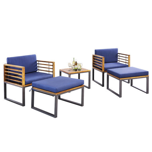 5 Piece Patio Acacia Wood Chair Set with Ottomans and Coffee Table-Navy