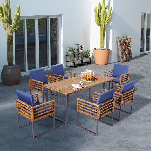7 Pieces Patio Acacia Wood Dining Chair and Table Set for Backyard and Poolside-Navy W2B