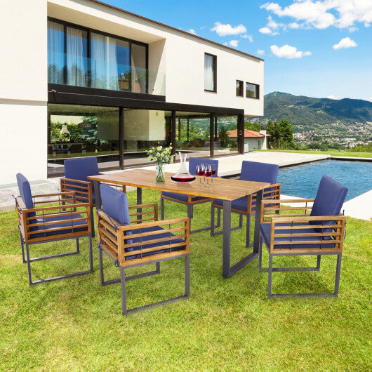 7 Pieces Patio Acacia Wood Dining Chair and Table Set for Backyard and Poolside-Navy W2B