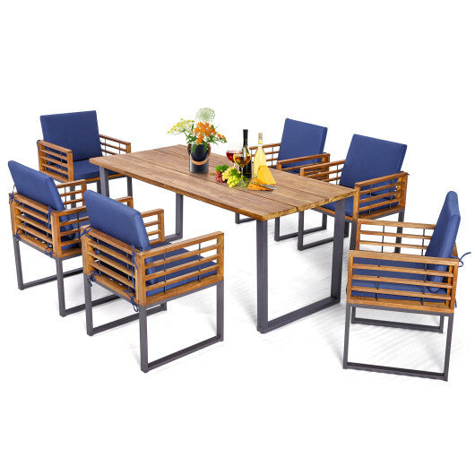 7 Pieces Patio Acacia Wood Dining Chair and Table Set for Backyard and Poolside-Navy W2B