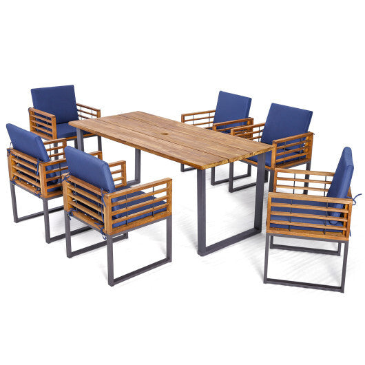 7 Pieces Patio Acacia Wood Dining Chair and Table Set for Backyard and Poolside-Navy W2B