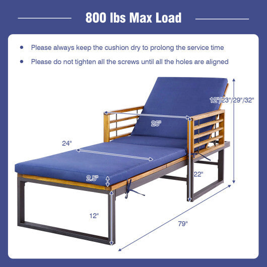 Adjustable Cushioned Patio Chaise Lounge Chair with 4-Level Backrest-Navy