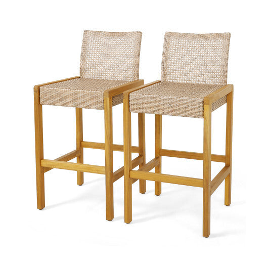 Set of 2 Rattan Patio Wood Barstools Dining Chairs with Backrest-Set of 2 W2B