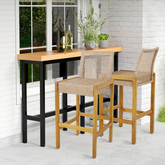 Set of 2 Rattan Patio Wood Barstools Dining Chairs with Backrest-Set of 2 W2B