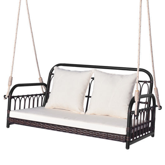 880LBS Wicker Hanging Porch Swing with Cushions-White W2B