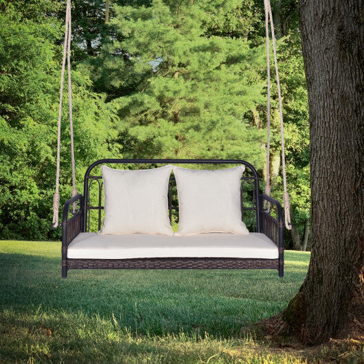 880LBS Wicker Hanging Porch Swing with Cushions-White W2B