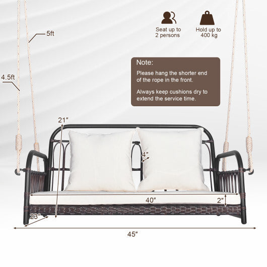 880LBS Wicker Hanging Porch Swing with Cushions-White W2B