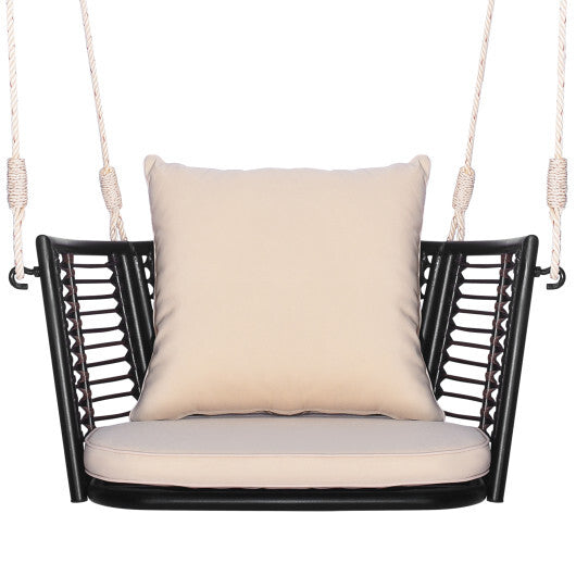 Single Person Hanging Seat with Woven Rattan Backrest for Backyard
