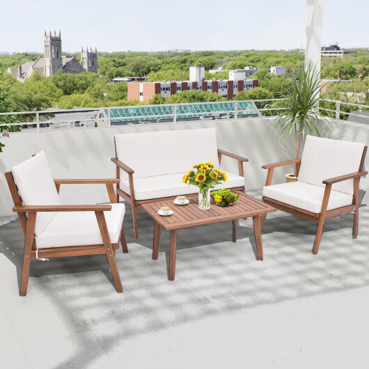4 Piece Outdoor Acacia Wood Conversation Set with Soft Seat and Back Cushions-Gray