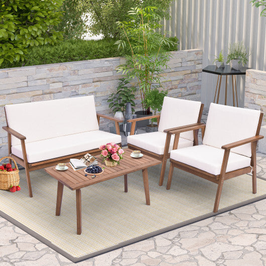 4 Piece Outdoor Acacia Wood Conversation Set with Soft Seat and Back Cushions-Gray