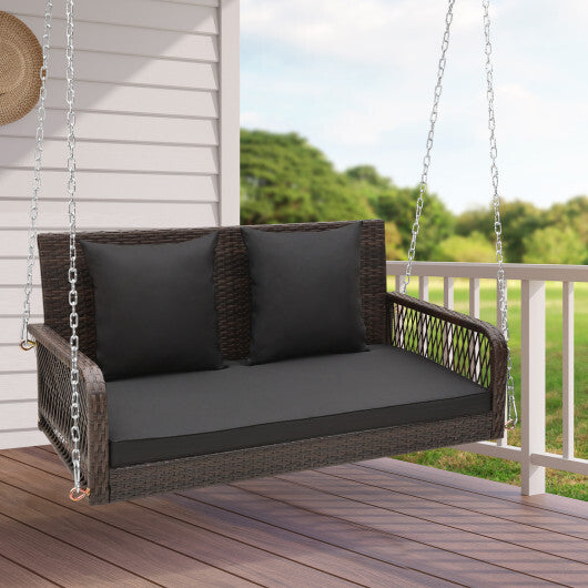 2-Person Outdoor Wicker Porch Swing with Seat and Back Cushions-Beige