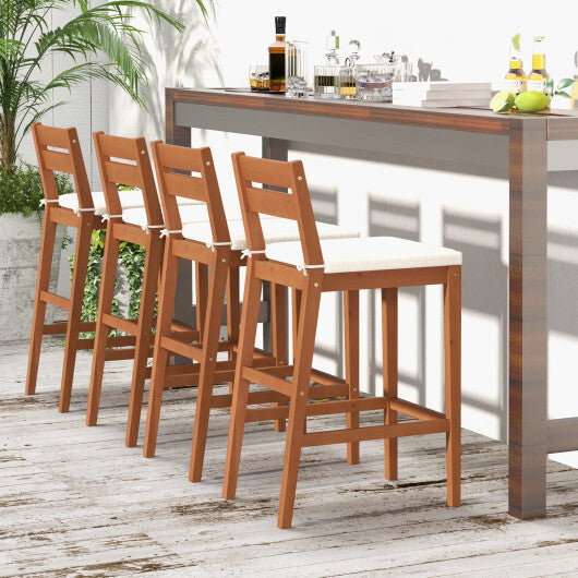 Set of 2 Outdoor Wood Barstools with Soft Seat Cushion-Off White W2B