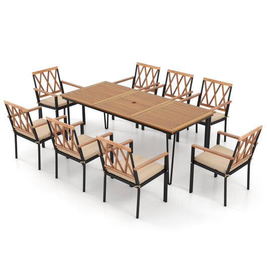 9-Piece Patio Dining Set 35.5 Inch Acacia Wood Table with Umbrella Hole and 22.5-Inch Wide Chairs W2B