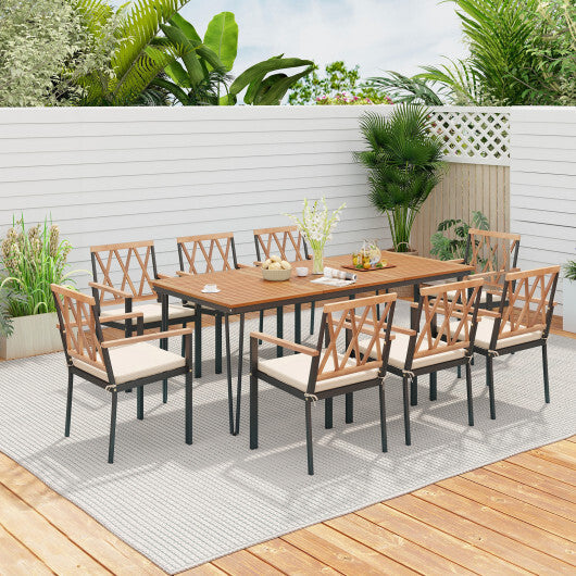 9-Piece Patio Dining Set 35.5 Inch Acacia Wood Table with Umbrella Hole and 22.5-Inch Wide Chairs W2B