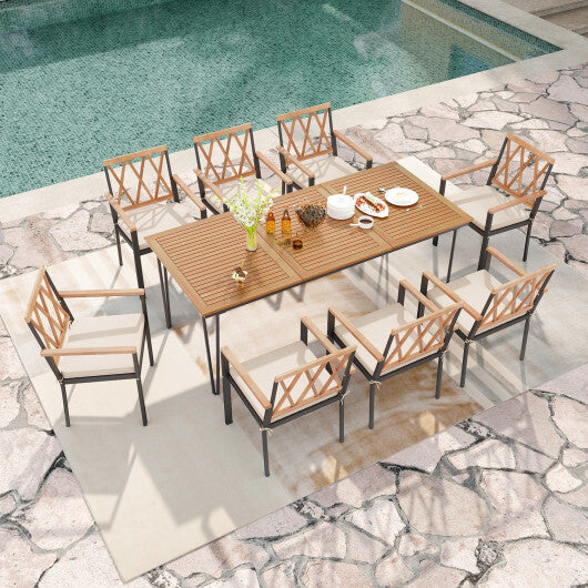 9-Piece Patio Dining Set 35.5 Inch Acacia Wood Table with Umbrella Hole and 22.5-Inch Wide Chairs W2B
