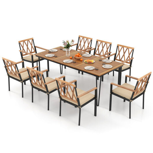 9-Piece Patio Dining Set 35.5 Inch Acacia Wood Table with Umbrella Hole and 22.5-Inch Wide Chairs W2B