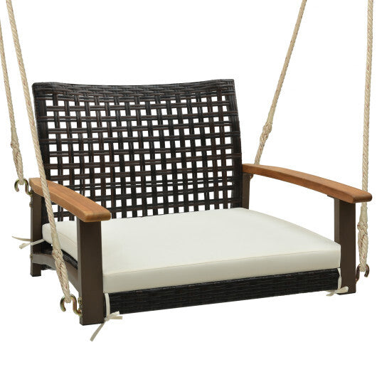 Single Rattan Porch Swing with Armrests Cushion and Hanging Ropes-White - Color: White W2B