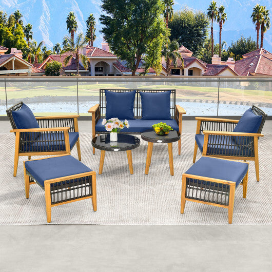 7 Piece Outdoor Conversation Set with Stable Acacia Wood Frame Cozy Seat & Back Cushions-Navy W2B