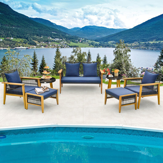 7 Piece Outdoor Conversation Set with Stable Acacia Wood Frame Cozy Seat & Back Cushions-Navy W2B