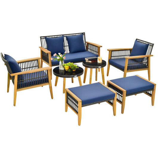 7 Piece Outdoor Conversation Set with Stable Acacia Wood Frame Cozy Seat & Back Cushions-Navy W2B