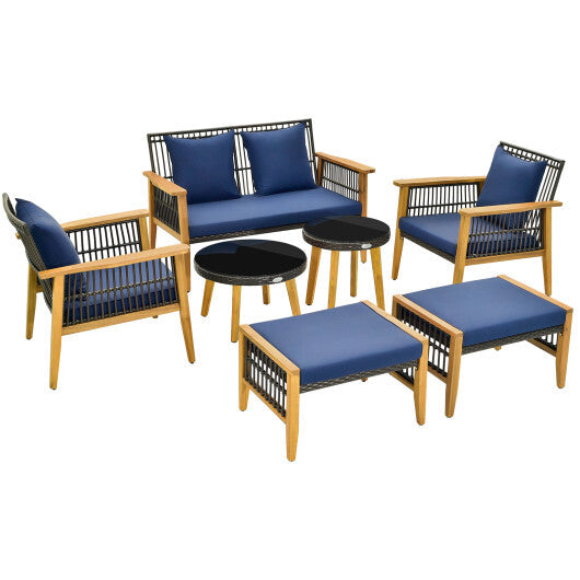 7 Piece Outdoor Conversation Set with Stable Acacia Wood Frame Cozy Seat & Back Cushions-Navy W2B