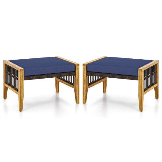 Patio Acacia Wood Ottomans with Cushions and Versatile Rattan Woven Footstools-Navy