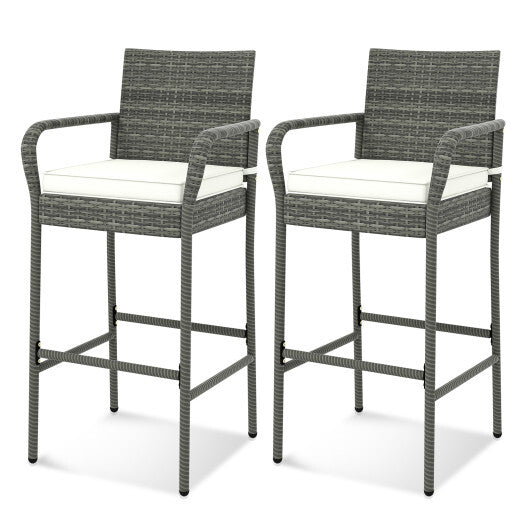 Patio Wicker Barstools with Armrests and Soft Cushions for Porch Backyard Set of 2 W2B