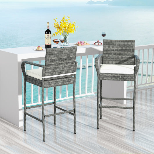 Patio Wicker Barstools with Armrests and Soft Cushions for Porch Backyard Set of 2 W2B