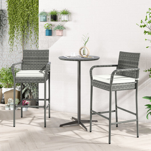 Patio Wicker Barstools with Armrests and Soft Cushions for Porch Backyard Set of 2 W2B