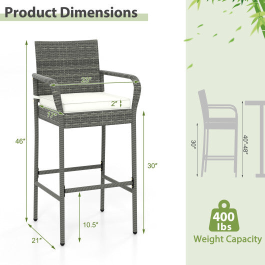 Patio Wicker Barstools with Armrests and Soft Cushions for Porch Backyard Set of 2 W2B
