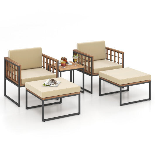 5 Piece Outdoor Furniture Set Acacia Wood Chair Set with Ottomans and Coffee Table-Beige