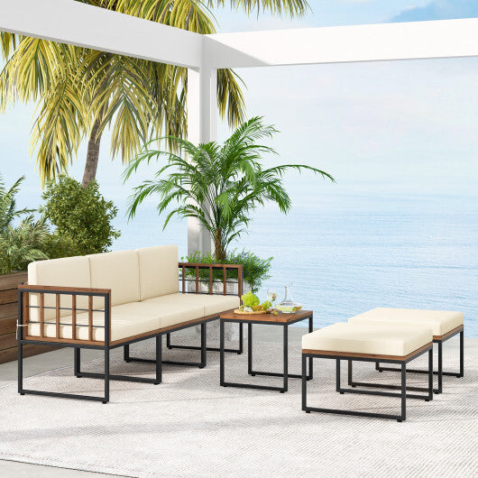 6 Pieces Acacia Wood Patio Furniture Set with Coffee Table and Ottomans-Beige W2B