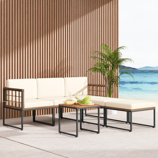 6 Pieces Acacia Wood Patio Furniture Set with Coffee Table and Ottomans-Beige W2B