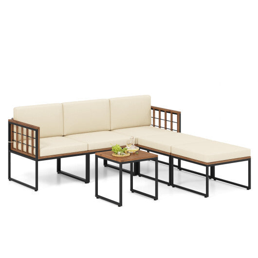 6 Pieces Acacia Wood Patio Furniture Set with Coffee Table and Ottomans-Beige W2B