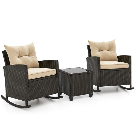 Patio Rattan Roker Chairs with Tempered Glass Table and Soft Cushions for Backyard  Poolside Porch-Gray