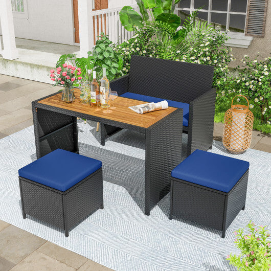 4 Piece Outdoor Dining Set with Wood Topped Dining Table Rattan Loveseat Chair and 2 Ottomans-Navy