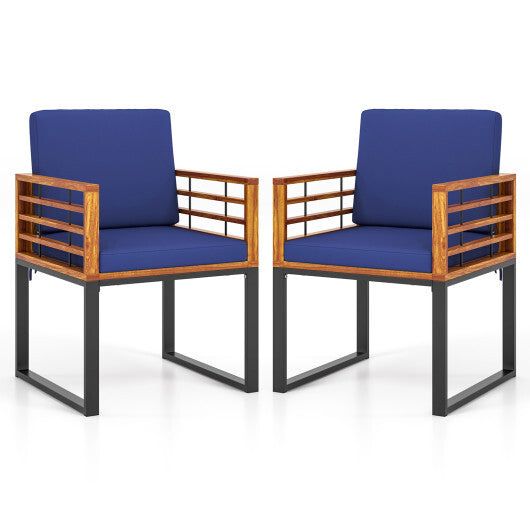 Acacia Wood Outdoor Dining Chairs Set of 2 with Soft Cushions-Navy