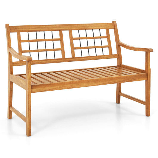 Patio Acacia Wood Bench with Curved Armrests Slatted Seat and Backrest W2B