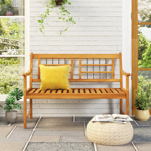 Patio Acacia Wood Bench with Curved Armrests Slatted Seat and Backrest W2B