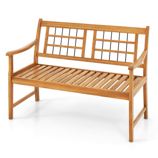 Patio Acacia Wood Bench with Curved Armrests Slatted Seat and Backrest W2B