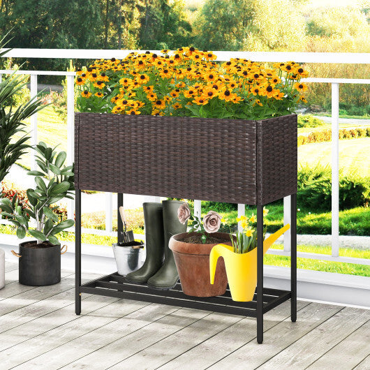 Wicker Raised Garden Bed with Storage Shelf and Removable Liner for Flowers W2B