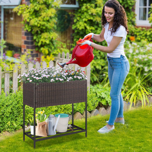 Wicker Raised Garden Bed with Storage Shelf and Removable Liner for Flowers W2B
