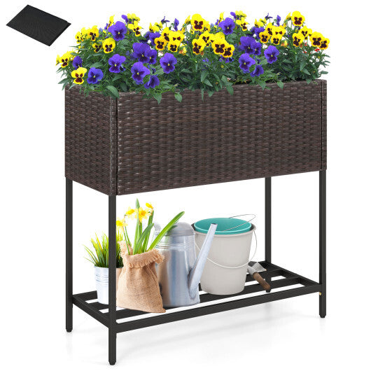 Wicker Raised Garden Bed with Storage Shelf and Removable Liner for Flowers W2B