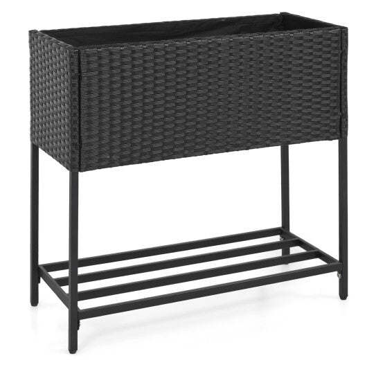 Wicker Raised Garden Bed with Storage Shelf and Removable Liner for Flowers W2B