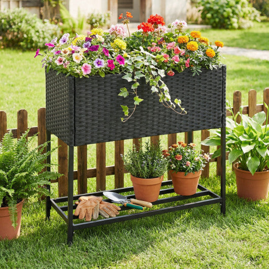 Wicker Raised Garden Bed with Storage Shelf and Removable Liner for Flowers W2B