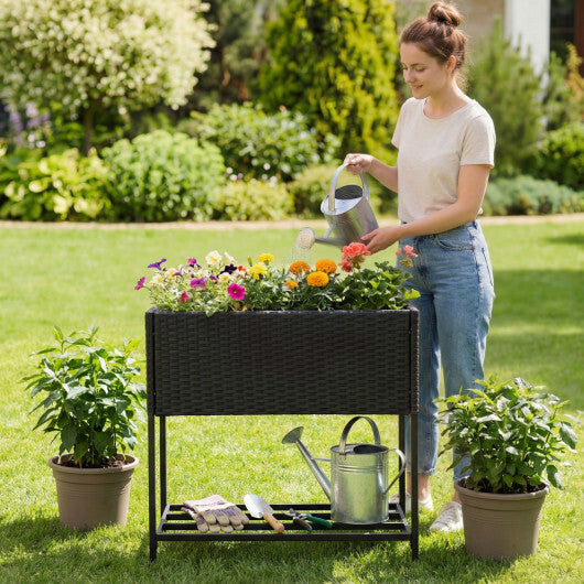 Wicker Raised Garden Bed with Storage Shelf and Removable Liner for Flowers W2B