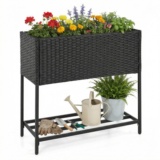 Wicker Raised Garden Bed with Storage Shelf and Removable Liner for Flowers W2B