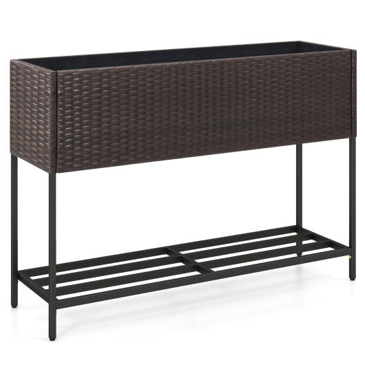 Wicker Raised Garden Bed with Storage Shelf and Drainage Gaps for Flowers W2B