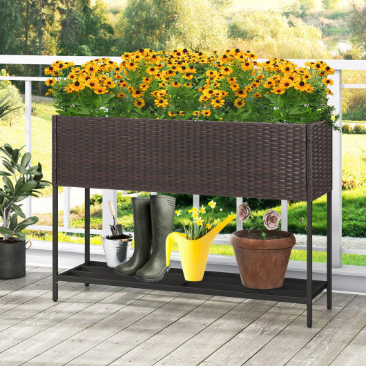 Wicker Raised Garden Bed with Storage Shelf and Drainage Gaps for Flowers W2B