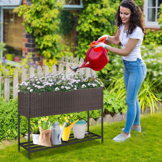Wicker Raised Garden Bed with Storage Shelf and Drainage Gaps for Flowers W2B
